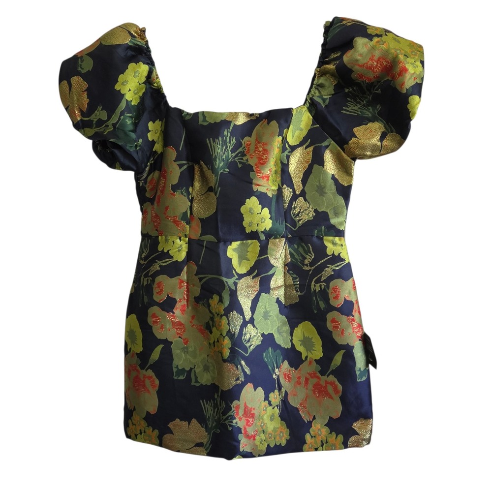 Lulus Mini Dress Large Floral Metallic Gold Brocade Puff Sleeve Formal - Picture 2 of 6